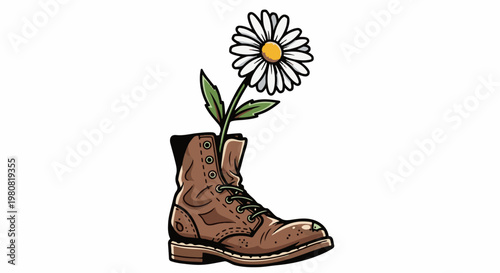 A single daisy blooms from a worn brown boot with green laces