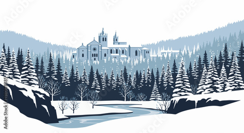 A peaceful winter landscape with snow-covered trees and a frozen river