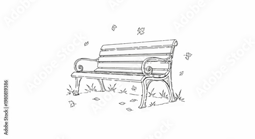 A sketch of an empty park bench with falling leaves