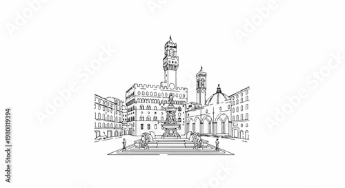 A sketch of an old town square with a fountain and tall buildings