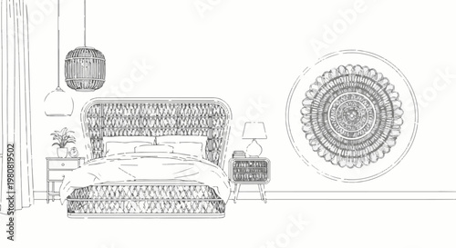 A sketched bedroom scene features a wicker bed, nightstands, lamps, plant, and circular wall art
