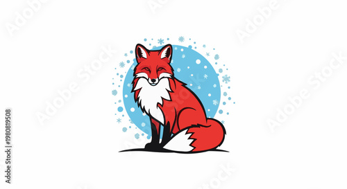 A red fox sits amidst a backdrop of blue circles and snowflakes