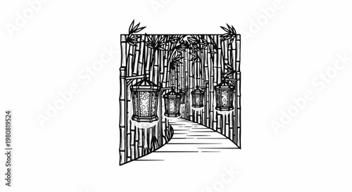 A sketched path winds through a bamboo forest with lanterns