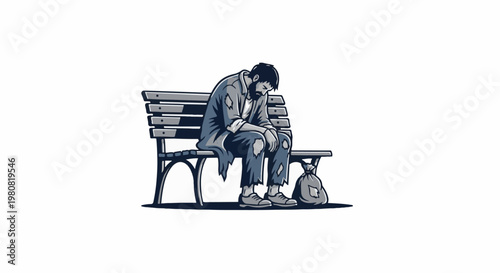 A lonely, disheveled man sits on a park bench with a bag