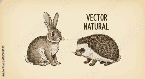 A sketched rabbit and hedgehog are rendered in monochrome tones on a textured, aged paper background