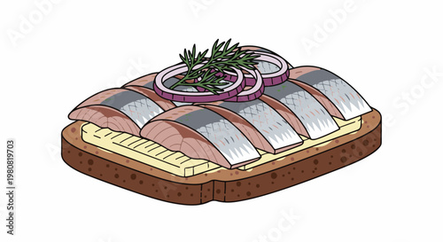 A slice of dark bread with butter, herring, red onion rings, and dill
