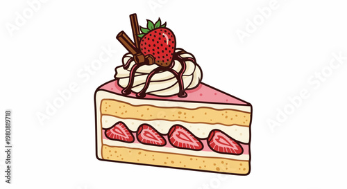 A slice of delicious strawberry cake with whipped cream and chocolate drizzle