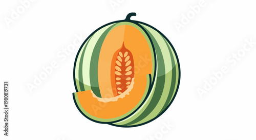A sliced melon with visible seeds and a detached slice