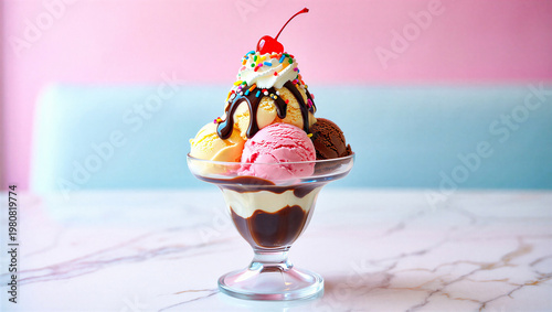 Bild auf Leinwand Ice cream sundae with chocolate sauce sprinkles and cherry in glass bowl whipped