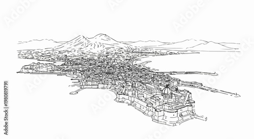 A sketch of a sprawling coastal city with a volcano in the distance