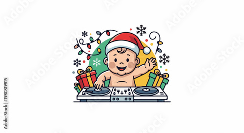 A smiling baby in a Santa hat waves happily while mixing music on DJ equipment