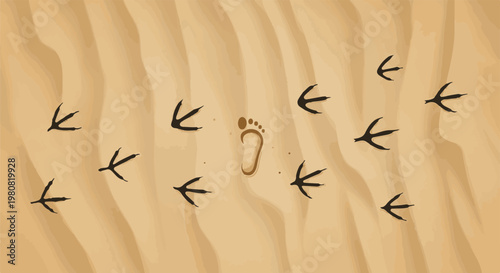 A single human footprint surrounded by many bird tracks on sand