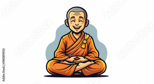 A smiling Buddhist monk sits cross-legged in meditation, adorned in orange robes