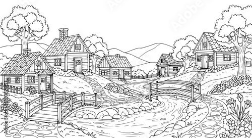 Cozy rustic village landscape coloring page with cottages river bridge and countryside scenery
