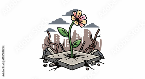 A lone flower blooms amidst urban ruins, symbolizing hope and resilience
