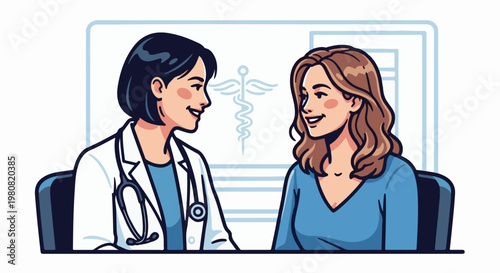 A smiling doctor in a lab coat consults with a patient