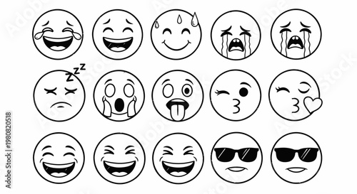 Collection of Various Emoticons Expressing Different Emotions and Feelings, Illustrated in Black and White Outline Style on a Plain Background
