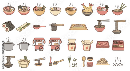 Delicious Japanese Food Icons Featuring Ramen Noodles, Sushi Rolls, Tempura, and More Culinary Delights