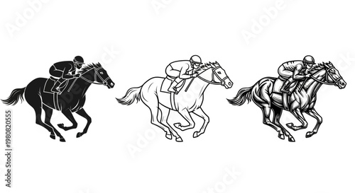 Thrilling vector illustrations showcasing racehorses and jockeys in powerful gallop. Dynamic art depicting the excitement of equestrian sport and competitive racing