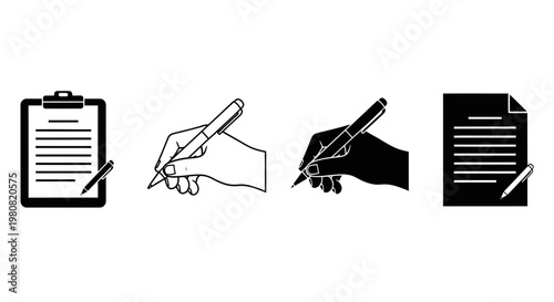 Modern vector icon set writing, documentation, and signature concepts. Includes hands with pens, clipboards, and paper sheets for business, education, and digital interfaces