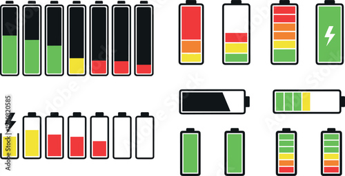Battery charge level icons set with different energy indicators low medium full power status vector illustration collection
