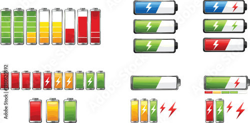 Battery Charge Icon Set with Different Power Levels and Charging Status Indicators for Mobile Devices, UI Design, Energy Monitoring, and Technology Applications