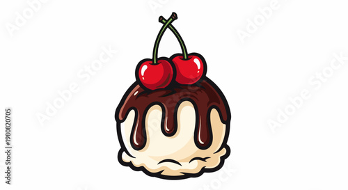 A single scoop of vanilla ice cream topped with chocolate sauce and two cherries