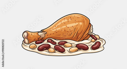 A single roasted chicken leg is served on a bed of white and red beans