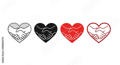 Set of four heart-shaped icons with shaking hands, symbolizing unity, agreement, and affection in different color variations