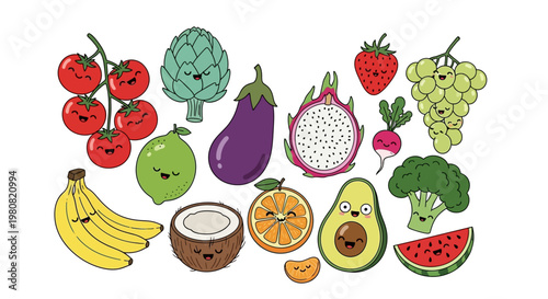 Vibrant Collection of Cute and Healthy Fruits and Vegetables with Happy Faces