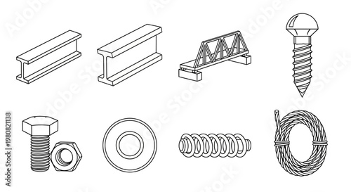 Vector industrial engineering components set I-beams, bridge, screws, bolts, nuts, washers, springs, wire. Technical mechanical parts collection
