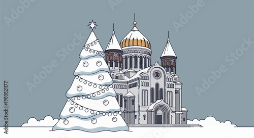 A snow-covered Christmas tree and ornate domed building