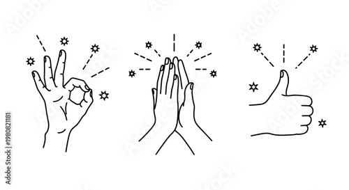 Set of three hand gestures expressing positivity, approval, and celebration