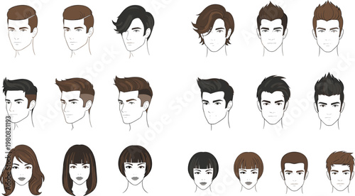 Collection of Men Hairstyles Icons with Various Haircuts and Styles for Barber Shop, Fashion Design, Grooming Guide, and Character Illustration Use