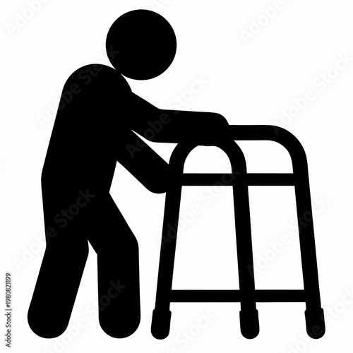 Silhouette of a person using a walker for mobility support and assistance
