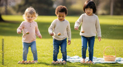 Three children playing outdoors with eggs on a sunny picnic blanket  