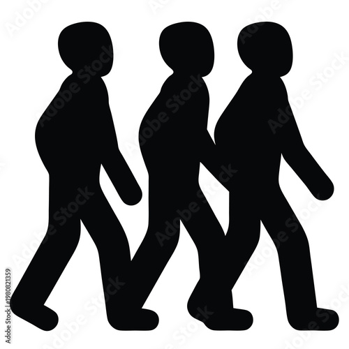 Three People Walking Together in a Line Black Silhouette Illustration