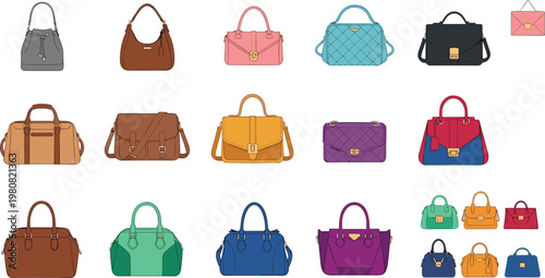 Collection of Women Handbags and Purses in Various Styles and Colors Including Tote Shoulder Bag Clutch and Satchel for Fashion Accessories Design