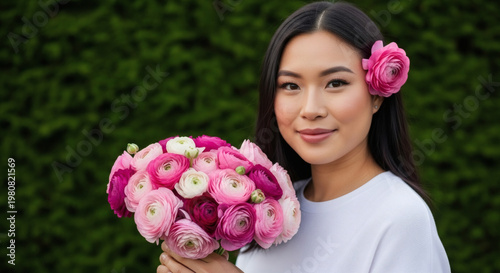 Young Asian woman smiling while holding a bouquet of pink flowers  