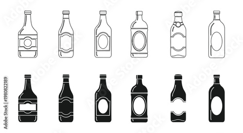 Collection of outline and solid black vector graphic bottle illustrations for beverage packaging design.