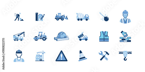 Construction vector icon set including worker, blueprint, bulldozer, cement mixer, wrecking ball, safety helmet, crane, road roller, plans, dump truck, vest, bricks, building.