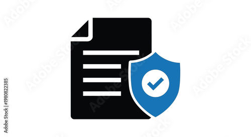 Digital security vector graphic illustration of a document protected by a shield and verification check.