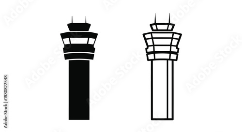 Two black and white illustrations depict air traffic control towers side by side
