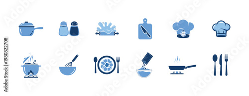 Cooking and kitchen icons featuring utensils ingredients and dishes for culinary arts food preparation and restaurant services on stove top.