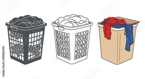 Three distinct styles of laundry basket vector illustrations displaying clothing inside containers for home chores concept