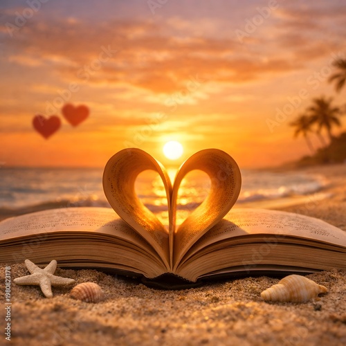 Heart shape paper book on the beach.valentine's day concept. symbol of love