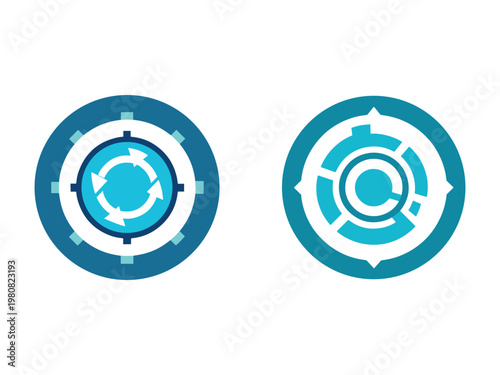 Blue and white circular icons with arrows in a clockwise direction for business process and workflow  isolated on white background