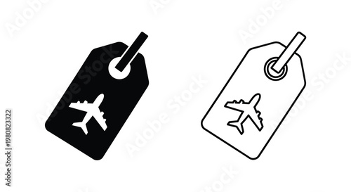 Two luggage tags are shown one black and one white each featuring an airplane