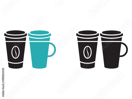 Coffee cups with lids and coffee beans on white background for take away or delivery