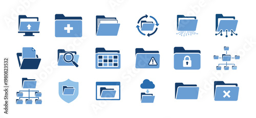Data management and folder icons set for digital file organization featuring secure storage cloud upload system hierarchy and information processing symbols in professional blue tones.